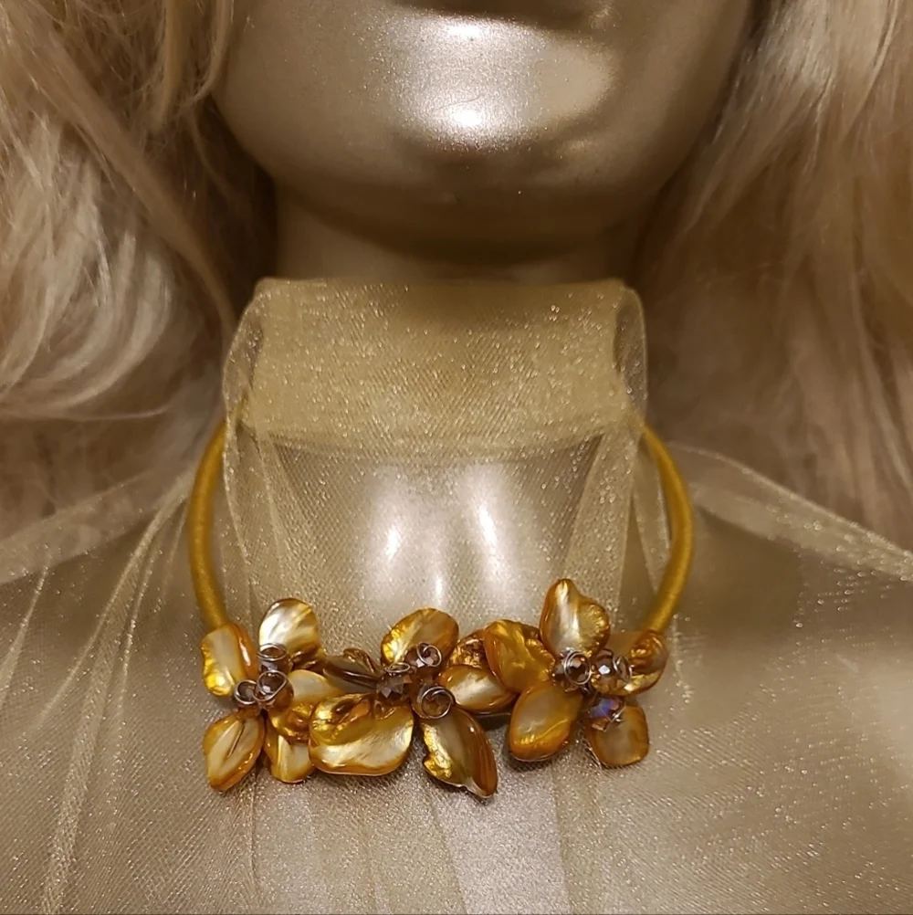 Vintage Handcrafted Golden Dahlia Flower Crystal Beaded Silk Statement N…